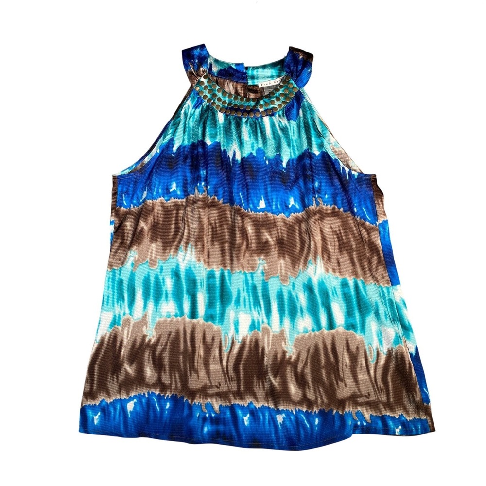 Fred David Women's Blue Brown Tie Dye Halter Top Studded Neckline Size L